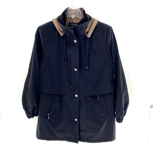 Fleet Street Rain Jacket Coat Mid Length Womens Sz L Wind Resistant Black Tan‎